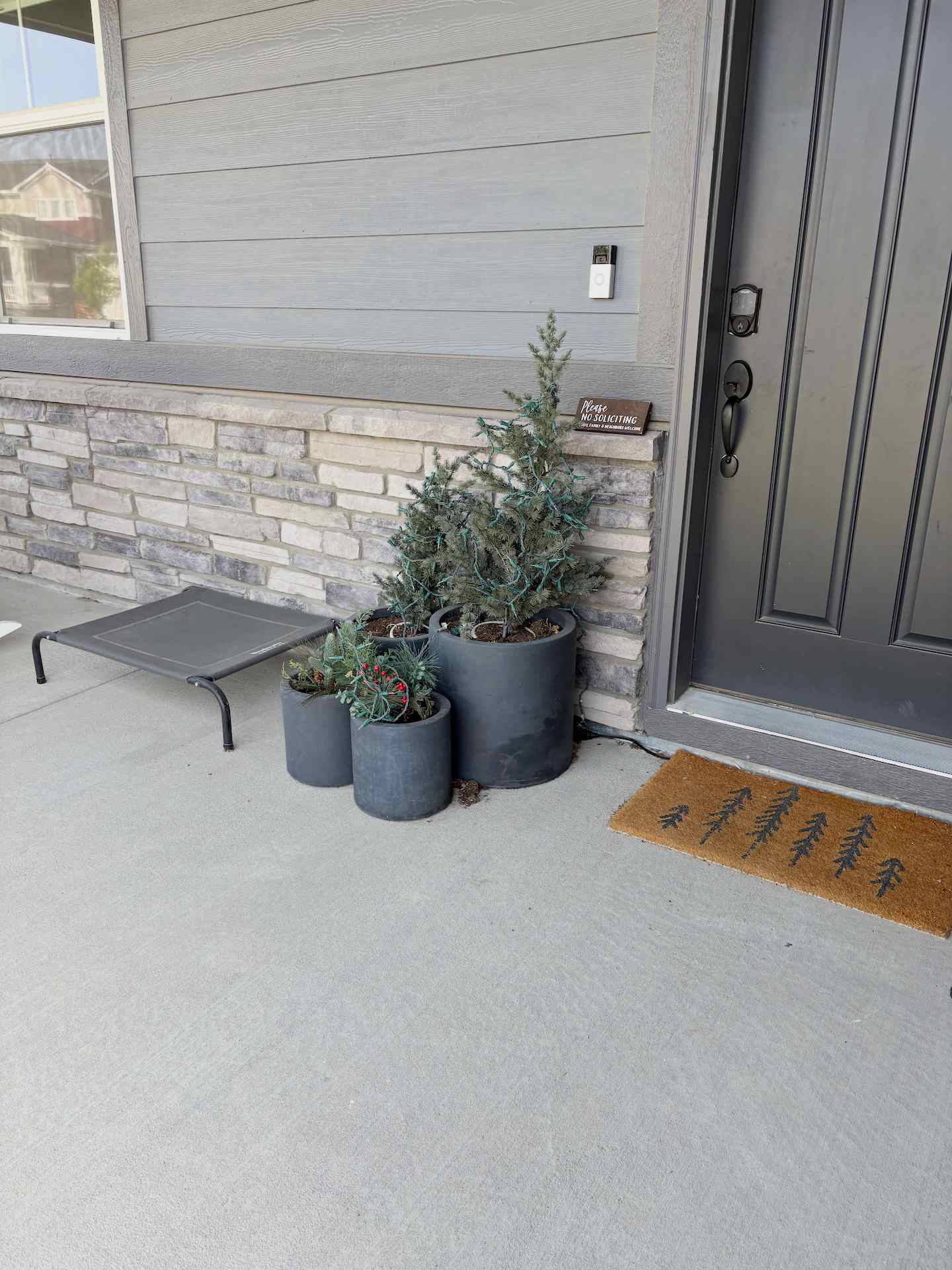 Simple evergreen planters before
